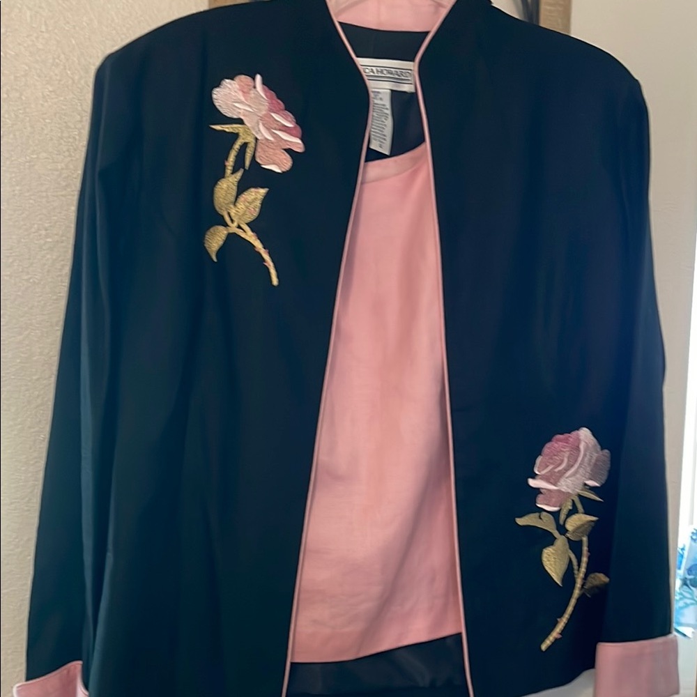 Black Blazer with pink piping around the neck and front Pink Floral Embroidery